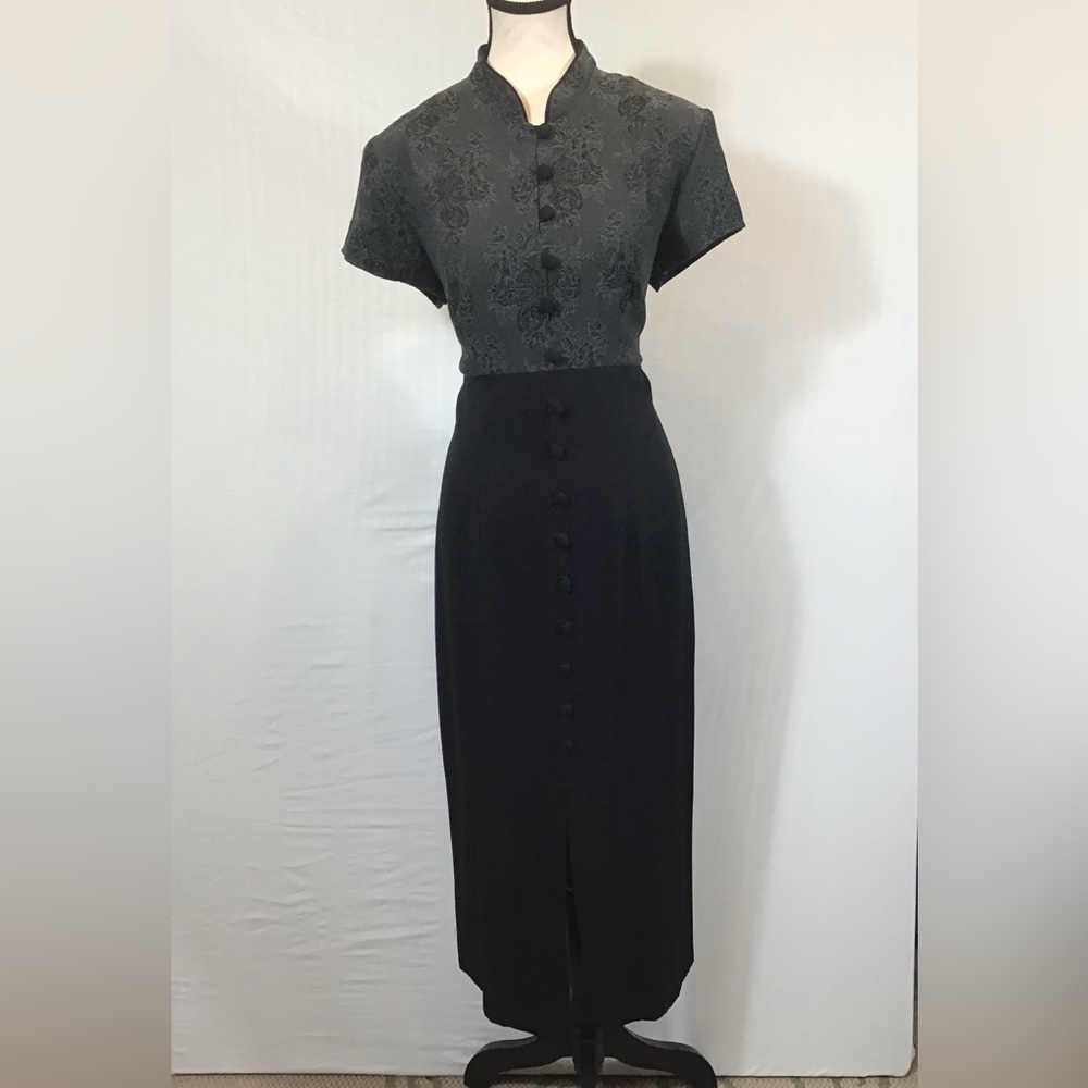 All that Jazz Vintage Womens Maxi Dress Size L Floral Shoulder Pads Button Goth - Picture 4 of 16